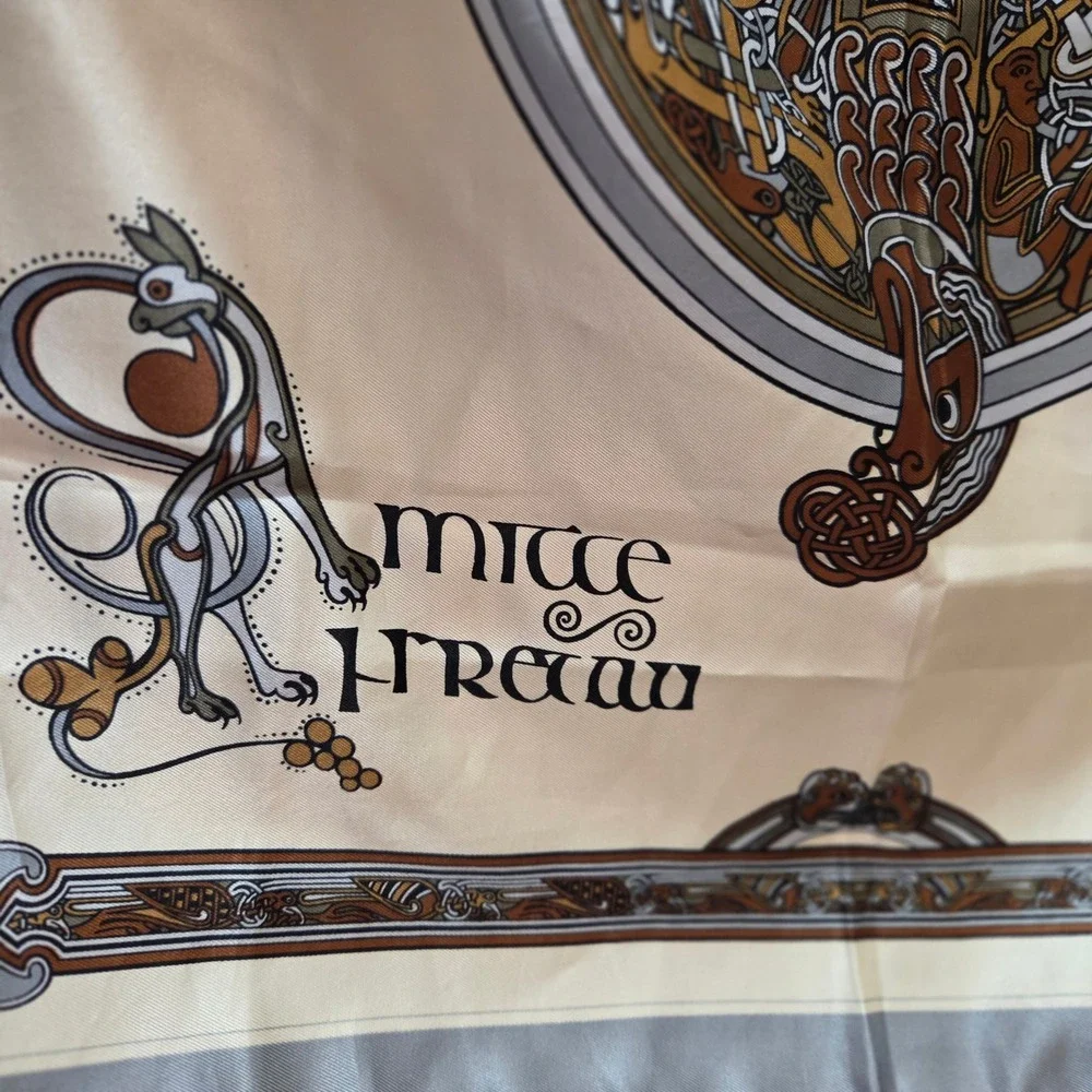 The Book of Kells Inspired Celtic Knotwork Square Scarf Cream Grey Gold Scarf